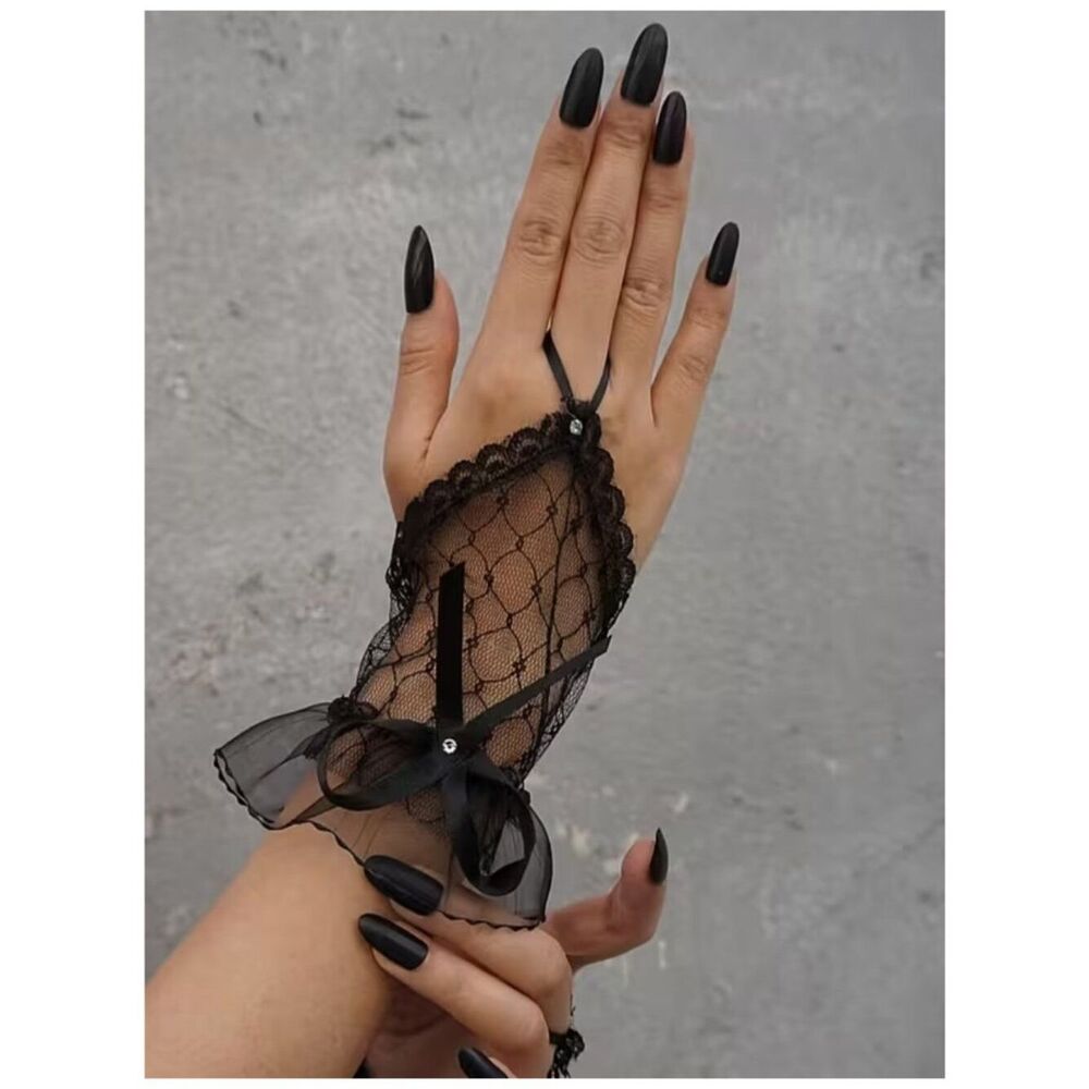 NWT Gothic Black Lace Fingerless Wrist Gloves Mesh Ruffle Ribbon Bow Costume Y2K